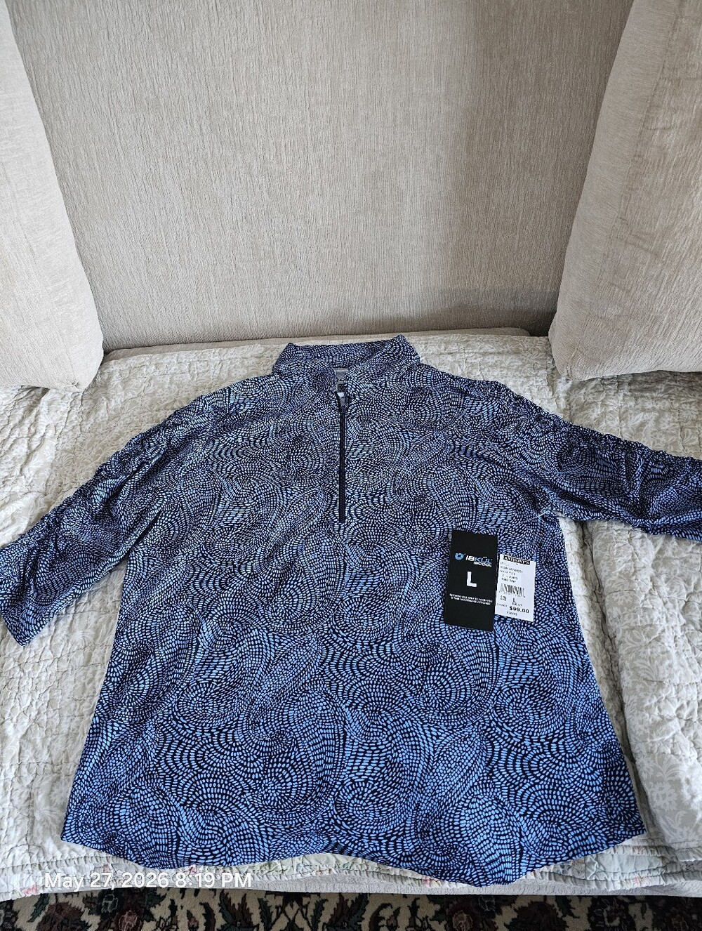 IBKUL Navy Stephanie Paisley UPF50+ Mandarin Collar Womens Shirt LARGE